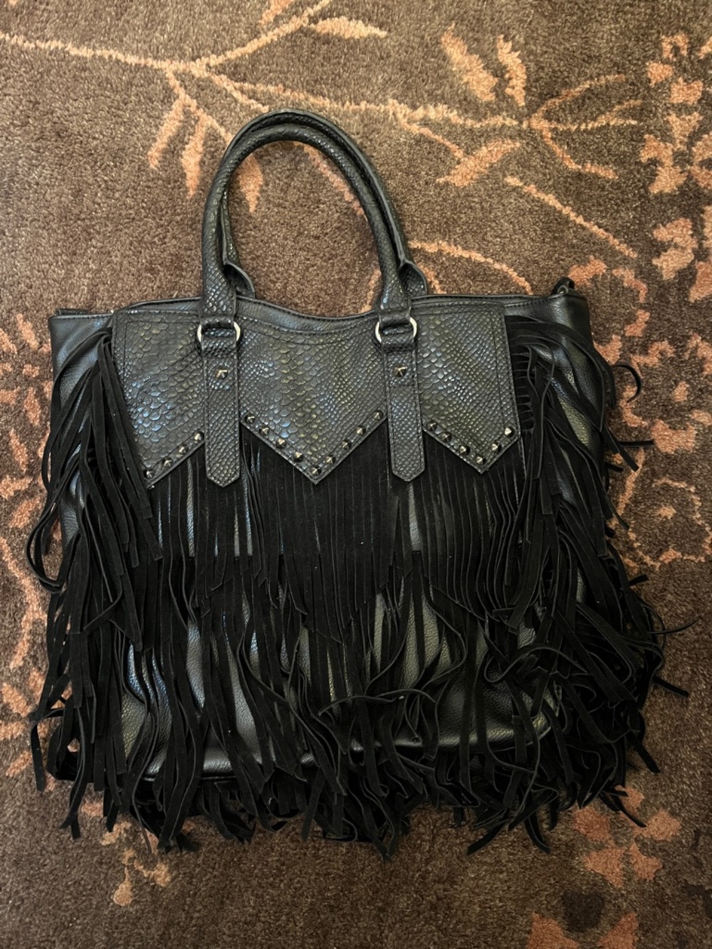 Black Fringe Leather look Tote Bag - Stylish Women's Handbag-REPOSH
